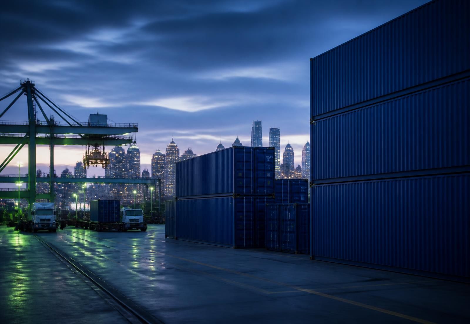 Terminal logístico portuário nos Estados Unidos ao entardecer